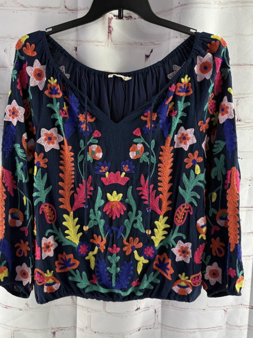Soft Surroundings Banjara Navy Embroidered Floral Peasant Top XL - Picture 2 of 5